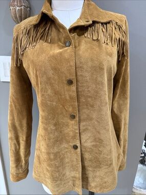 Fringe Suede Button-Front Jacket in Tan by Carole Little
